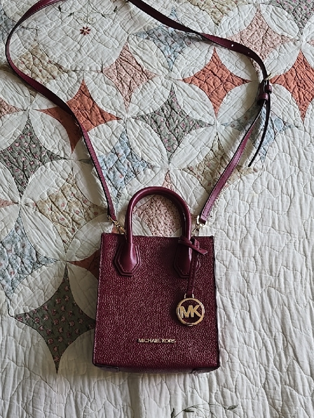 Michael Kors Wine Pebbled Leather Mini Crossbody Tote with Gold-Tone MK Charm